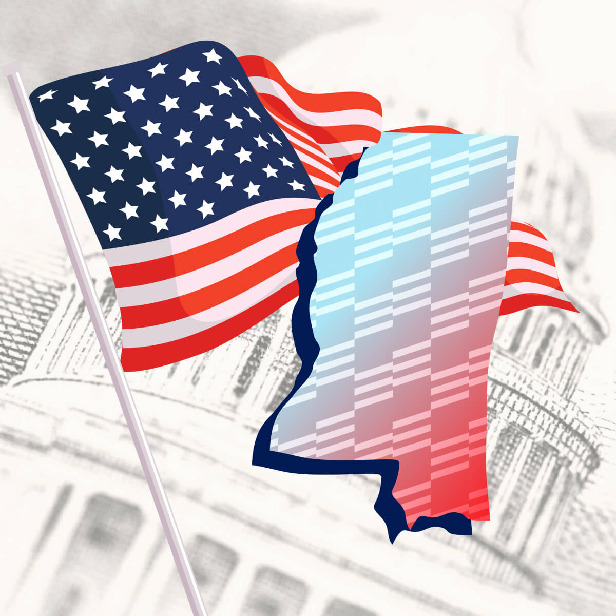USA flag with Mississippi state outline