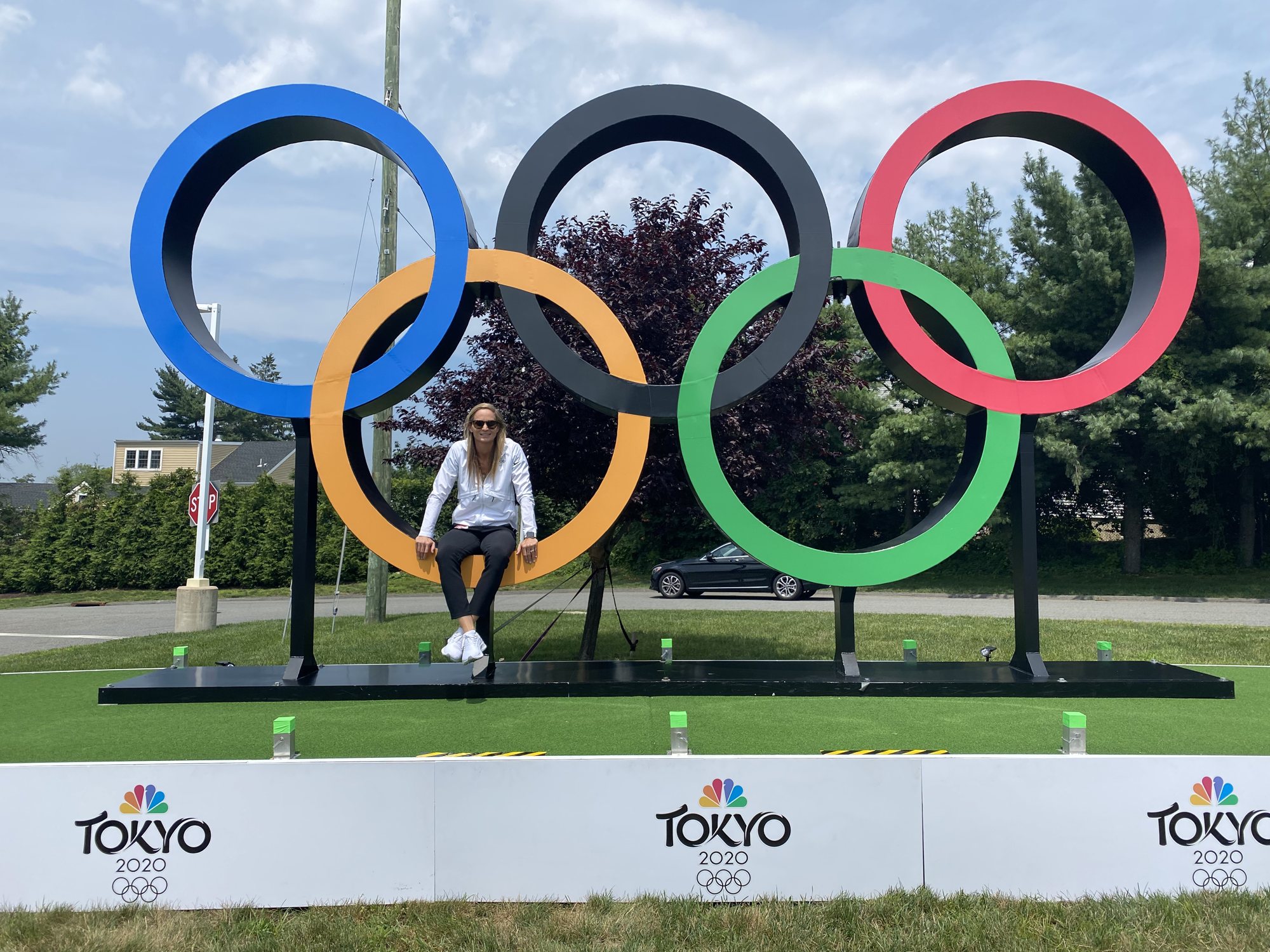 Lesley Young at a Tokyo 2020 Olympic rings installation in the U.S.