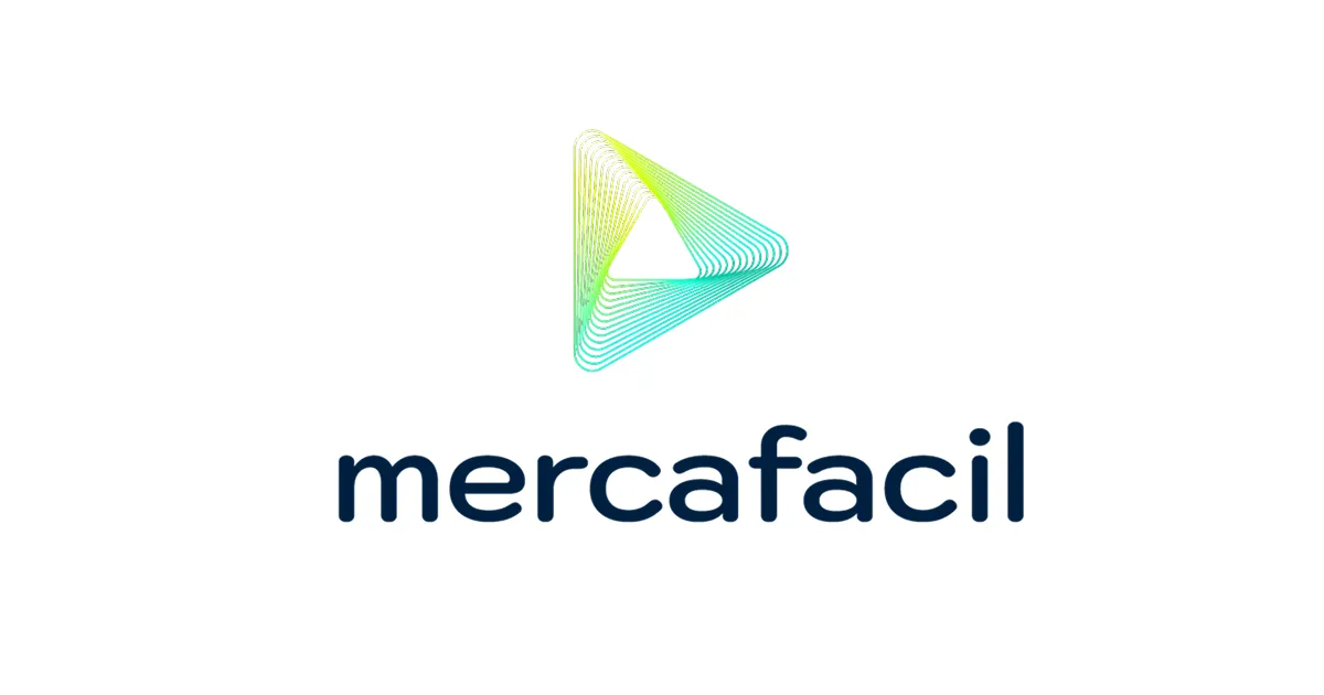 Mercafacil logo featuring a gradient triangular play button above the word 'mercafacil' in lowercase dark blue letters.