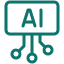 Green icon showing a monitor with the letters 'AI' connected to three nodes representing artificial intelligence technology.