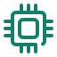 Icon of a central processing unit (CPU) chip with circuit lines extending from its sides.