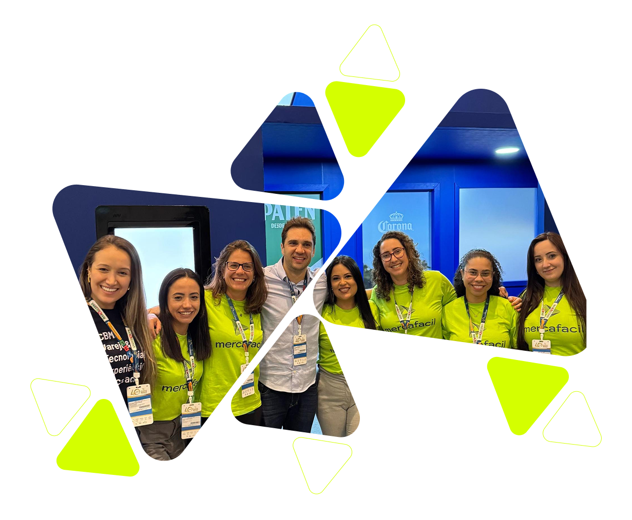 Group of seven people smiling, wearing green Mercafacil shirts and ID badges, standing indoors with blue walls.