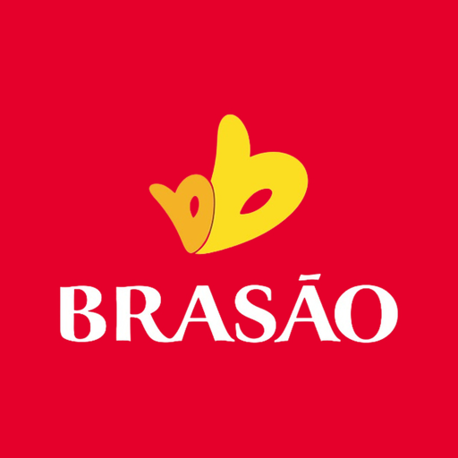 Yellow stylized heart logo above the word BRASÃO in white on a red background.