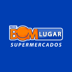 Rede Bom Lugar Supermercados logo with orange and white text on a blue background.