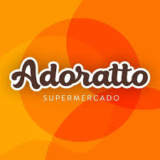 Adoratto Supermercado logo with stylized brown and white text on an orange and red circular background.