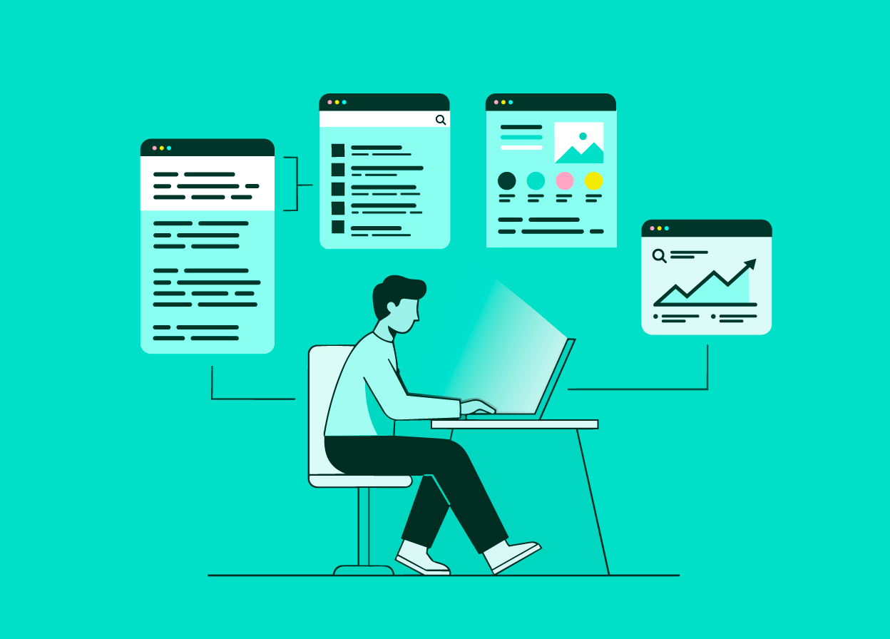 En person sitter ved et skrivebord med en bærbar datamaskin og ser på fire nettleservinduer som svever i luften. Vinduene viser strukturert innhold, SEO Søkeresultat, branding, og SEO statistikk – en illustrasjon av hvordan innhold optimaliseres for søk og KI.