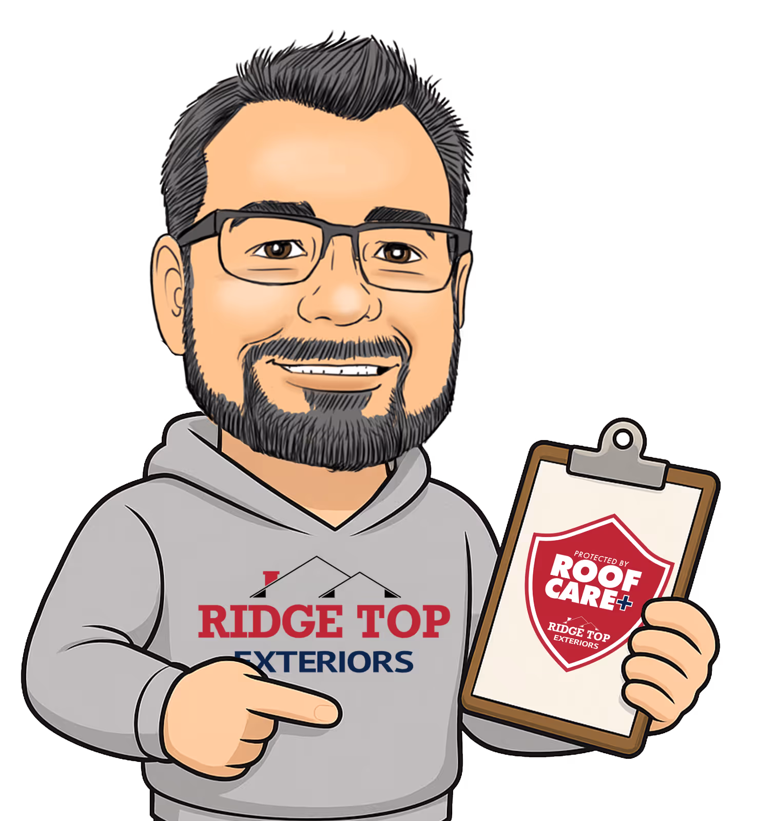 Cartoon Ridge Top Exteriors Larry in a hoodie pointing to a clipboard with the RoofCare+ badge.