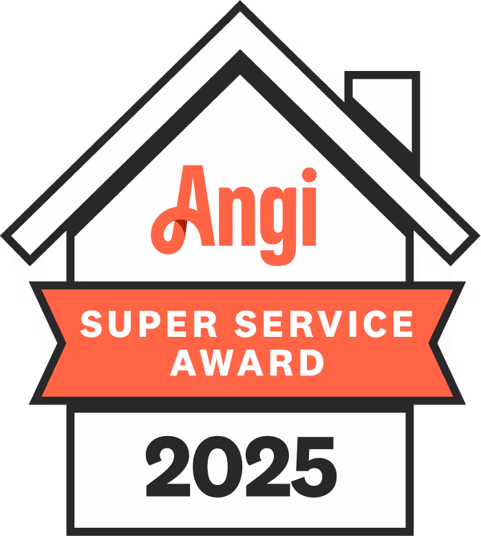 Angi Super Service Award 2025 badge in the shape of a house with an orange banner.