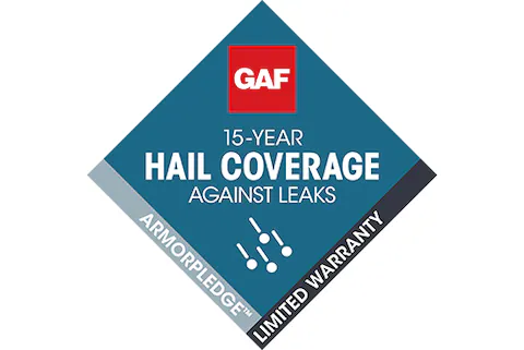 GAF 15-year hail coverage against leaks limited warranty label with Armorpledge.
