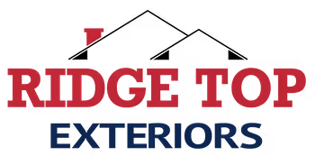 Logo with the text 'RIDGE TOP' in red and 'EXTERIORS' in blue with a small red roof shape above the letters.