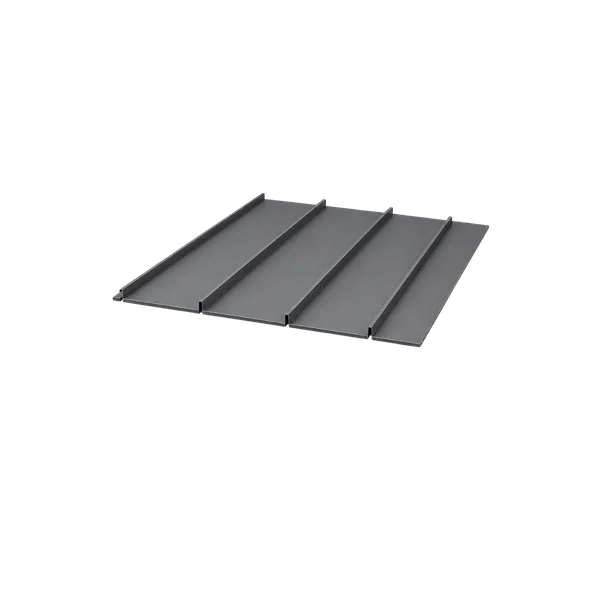 Dark gray standing seam metal roof panels with raised vertical seams.
