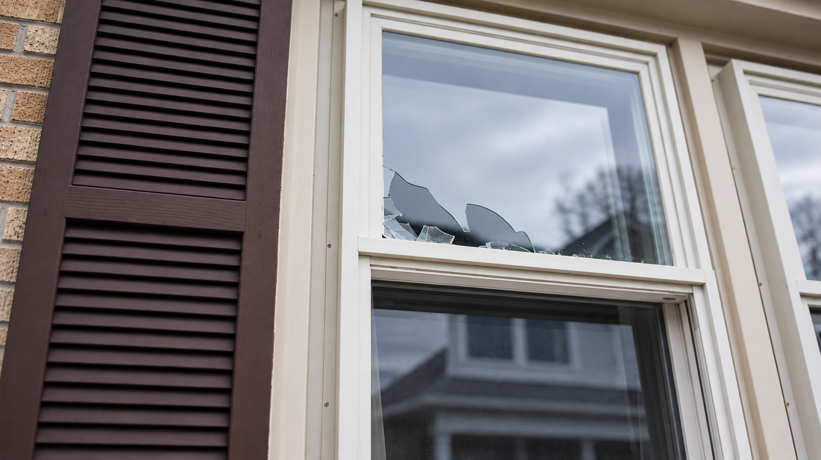 Close-up of a white-framed window with broken upper glass, showing jagged cracks and missing pieces at the bottom, next to a closed dark brown window shutter on a brick house.