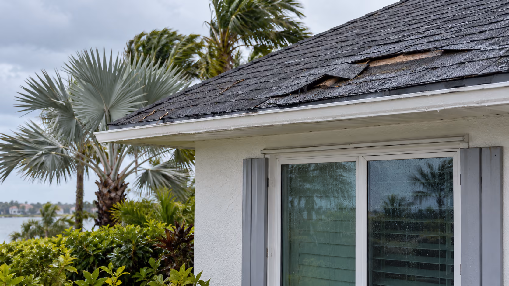 Silver fan palm in front of a two-story green home in Clearwater, FL
