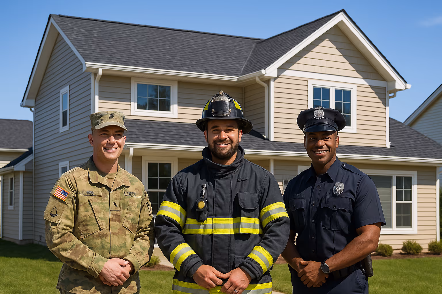 A group of first responders—one in military uniform, one firefighter, and one police officer—standing proudly in front of a newly renovated home showcasing fresh asphalt shingles, new siding, and upgraded windows. 