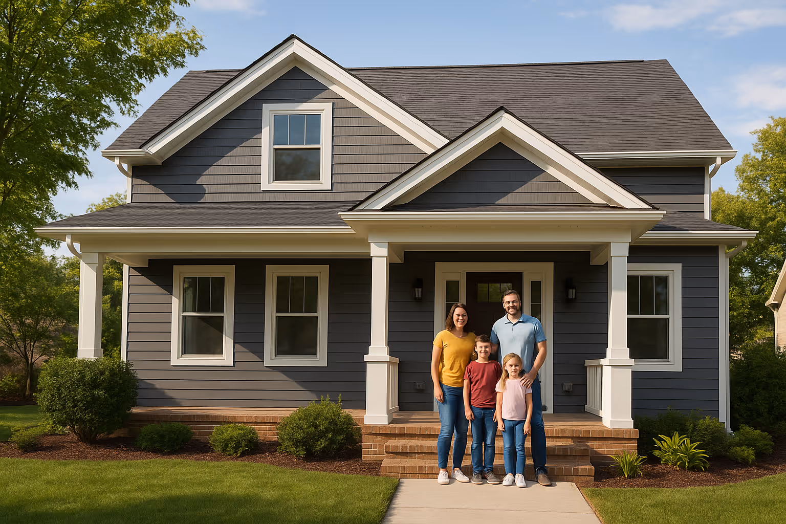 A beautifully remodeled home featuring new asphalt shingles, updated vinyl or LP SmartSide siding, and energy-efficient windows. The image shows a happy family or homeowner on the front porch