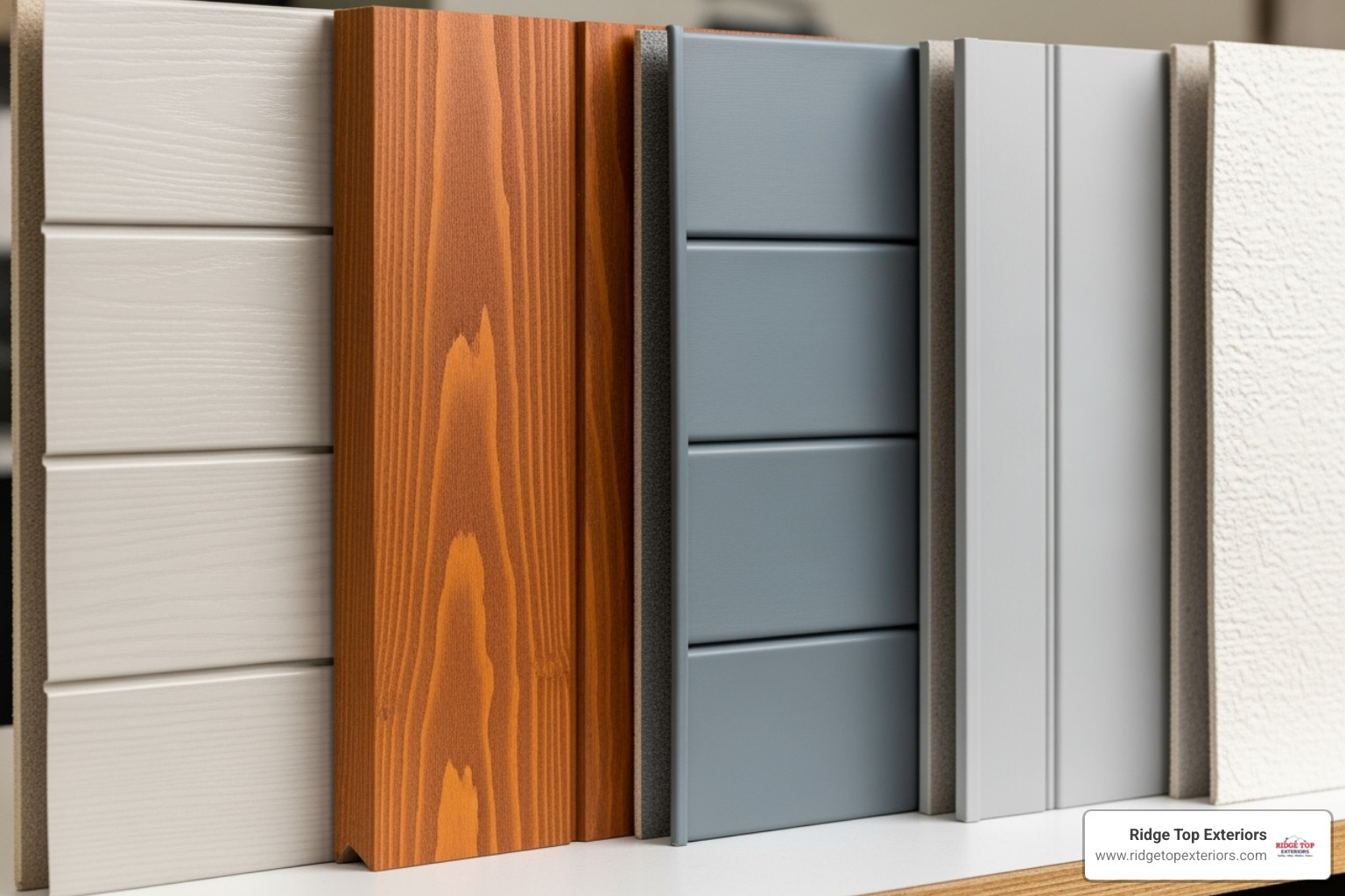 siding material samples: vinyl, LP SmartSide, and James Hardie - siding installation near me