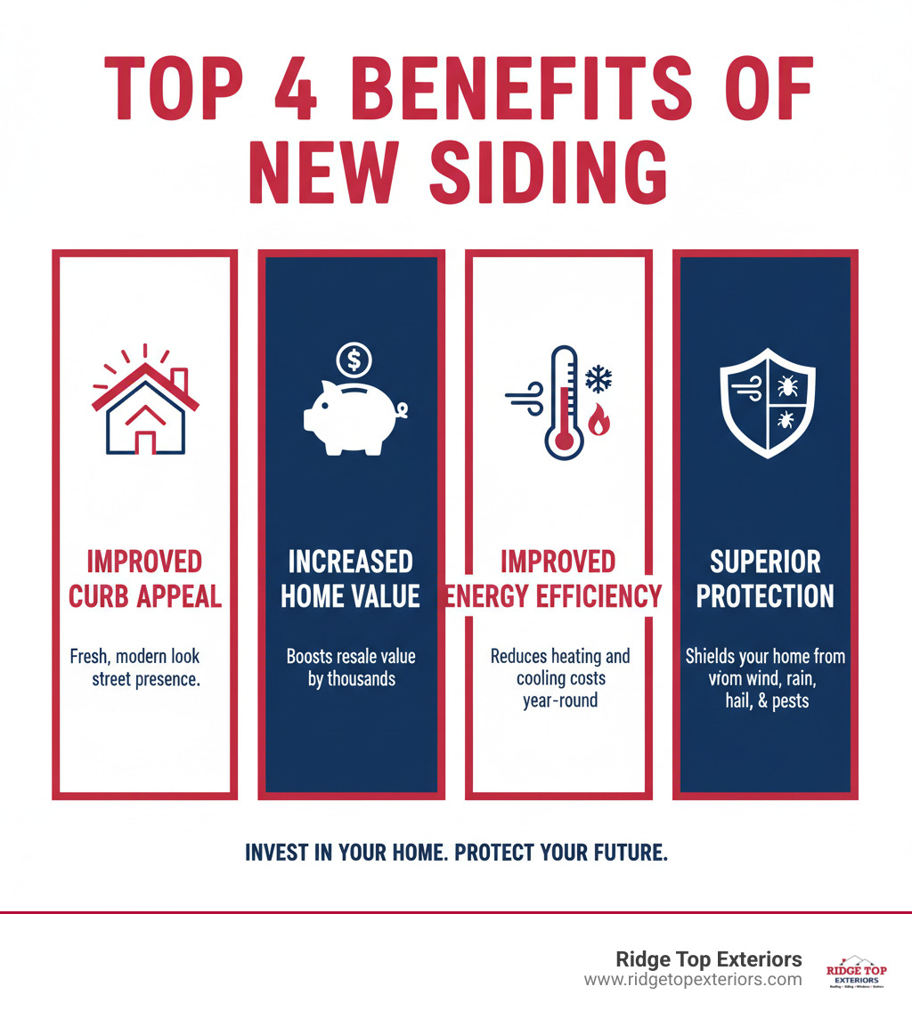 Infographic showing the top 4 benefits of new siding: 1. Improved Curb Appeal - fresh, modern look increases street presence; 2. Increased Home Value - quality siding can boost resale value by thousands; 3. Improved Energy Efficiency - reduces heating and cooling costs year-round; 4. Superior Protection - shields your home from wind, rain, hail, and pests. Visual includes icons for each benefit with Ridge Top Exteriors colors: white, #B20839, and #0D224B - siding installation near me infographic 