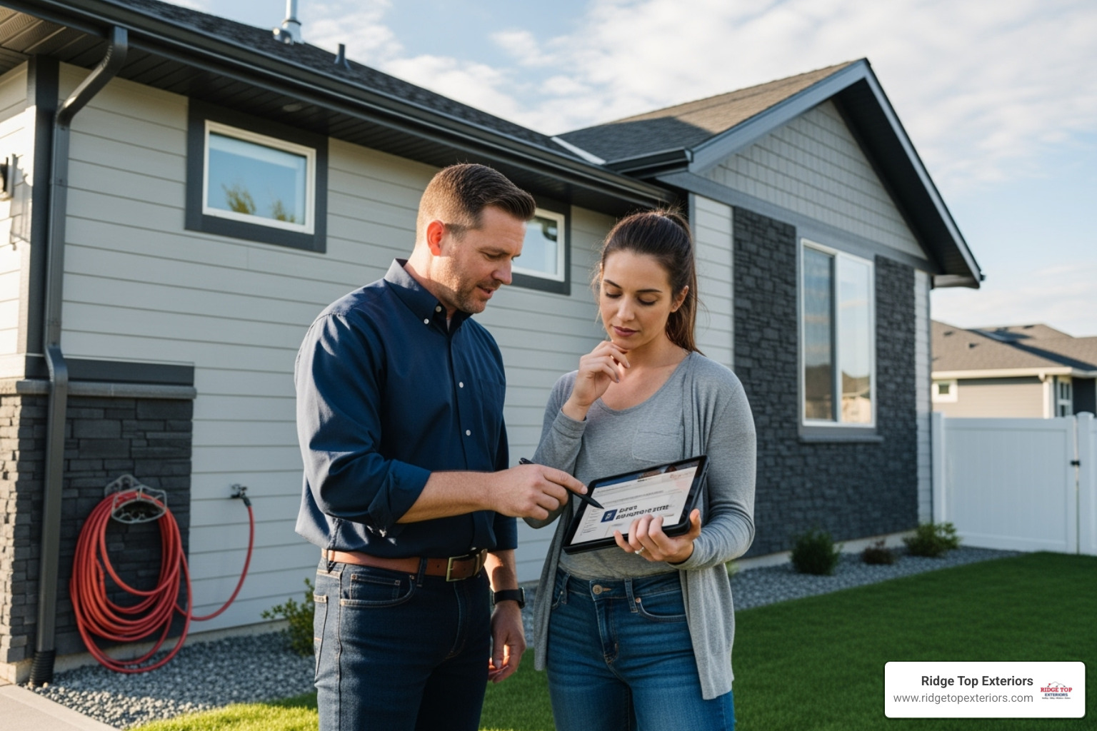 contractor discussing a siding estimate with a homeowner - siding installation near me