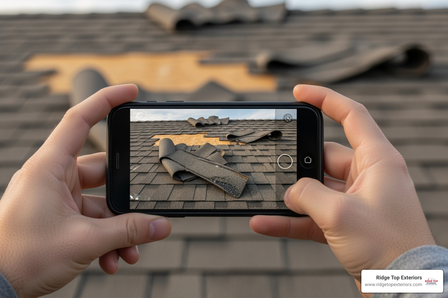 smartphone taking a picture of a damaged roof - residential storm damage repair