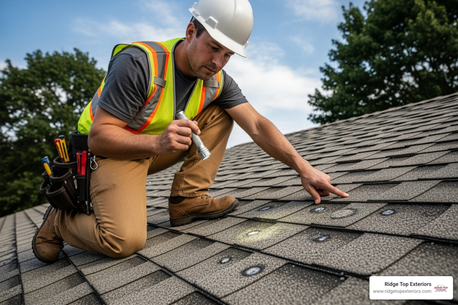 roofing contractor inspecting asphalt shingles for hail damage - residential storm damage repair