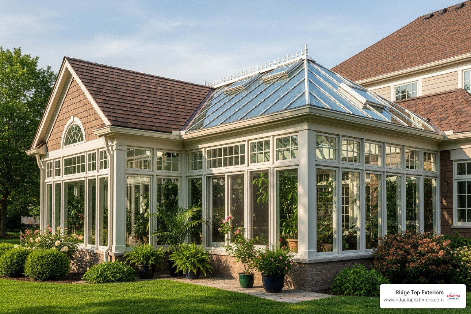 Beautiful asphalt shingle roof in a complementary color on a conservatory - cost of tiled roof on conservatory Beautiful asphalt shingle roof in a complementary color on a conservatory - cost of tiled roof on conservatory