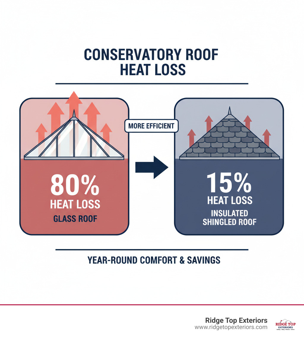 Infographic showing conservatory roof heat loss comparison between glass roof and solid shingled roof, with arrows indicating 80% heat loss through glass panels versus 15% heat loss through insulated asphalt shingle roof, displayed in Ridge Top Exteriors colors of white, burgundy #B20839, and navy #0D224B - cost of tiled roof on conservatory infographic Infographic showing conservatory roof heat loss comparison between glass roof and solid shingled roof, with arrows indicating 80% heat loss through glass panels versus 15% heat loss through insulated asphalt shingle roof, displayed in Ridge Top Exteriors colors of white, burgundy #B20839, and navy #0D224B - cost of tiled roof on conservatory infographic