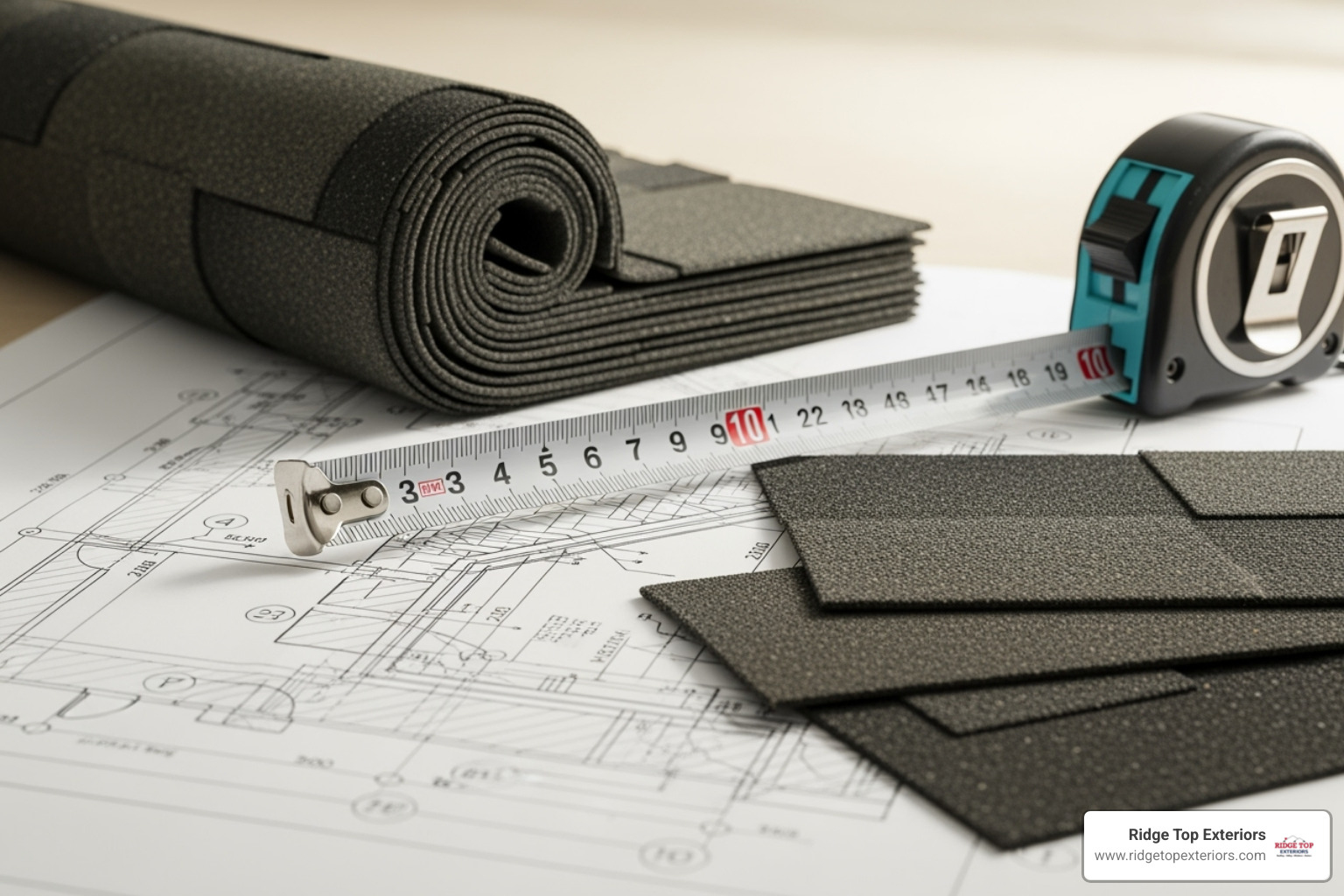 Tape measure and asphalt shingles on a blueprint, signifying cost estimation - cost of tiled roof on conservatory Tape measure and asphalt shingles on a blueprint, signifying cost estimation - cost of tiled roof on conservatory