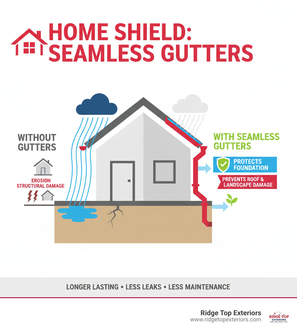 infographic showing how seamless gutters protect foundation and roof by diverting water away from home, preventing erosion and structural damage - continuous guttering prices infographic 