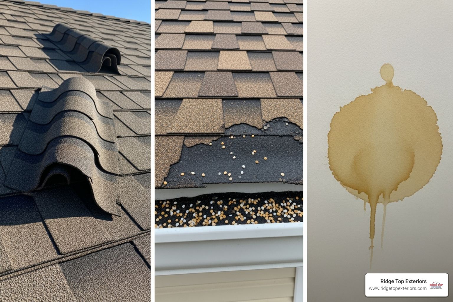 collage showing common signs of roof damage like curling shingles, granule loss, and water stains on a ceiling - roofing contractors appleton