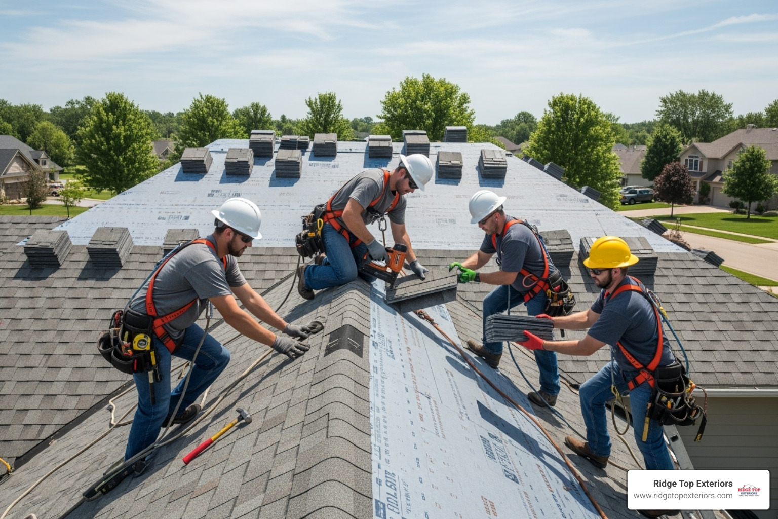 professional roofing crew safely installing asphalt shingles on a residential roof - roofing contractors appleton