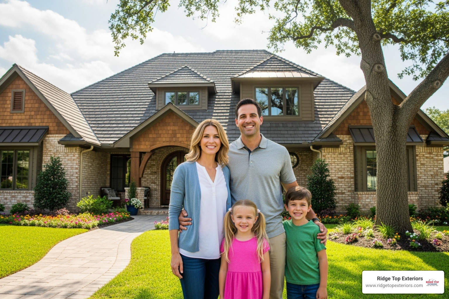 happy family standing in front of their beautiful home with a newly completed roof - roofing contractors appleton
