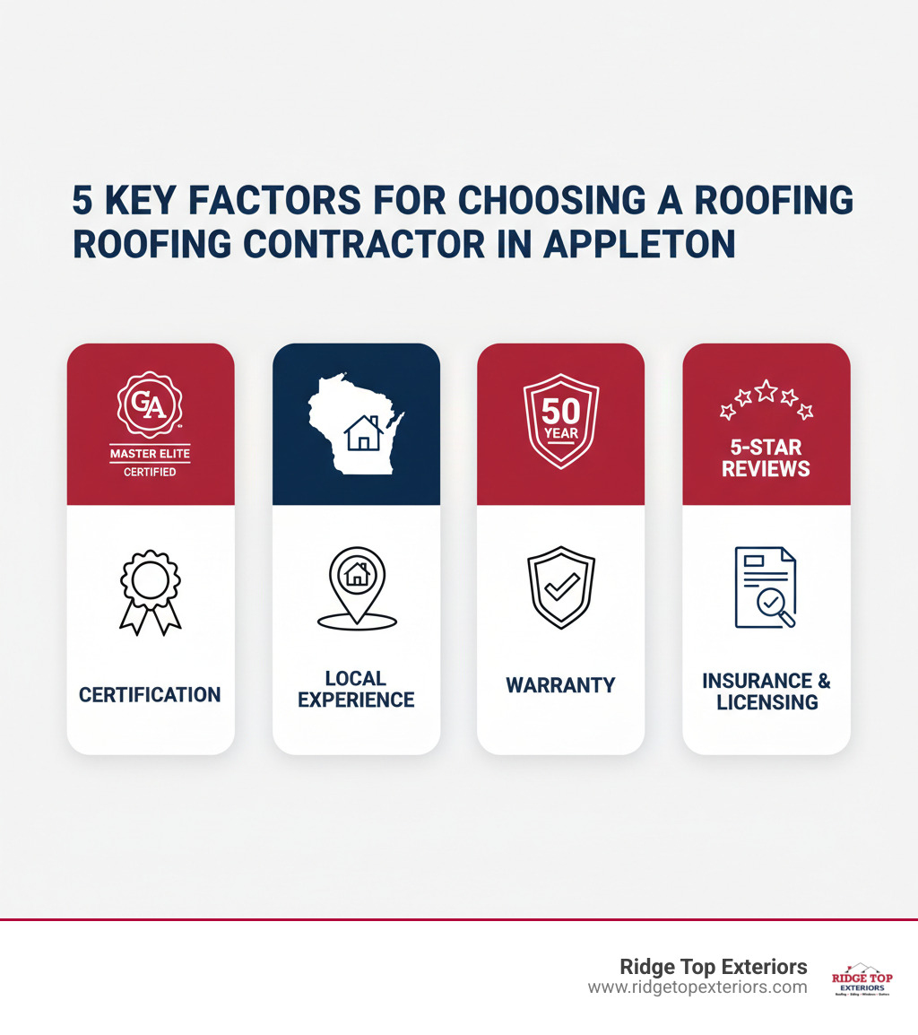 Infographic showing the 5 key factors for choosing a roofing contractor in Appleton: GAF Master Elite certification badge, local experience icon with Wisconsin map, warranty shield with 50-year label, insurance document checkmark, and 5-star review rating. Use Ridge Top Exteriors colors white, #B20839, and #0D224B. - roofing contractors appleton infographic 