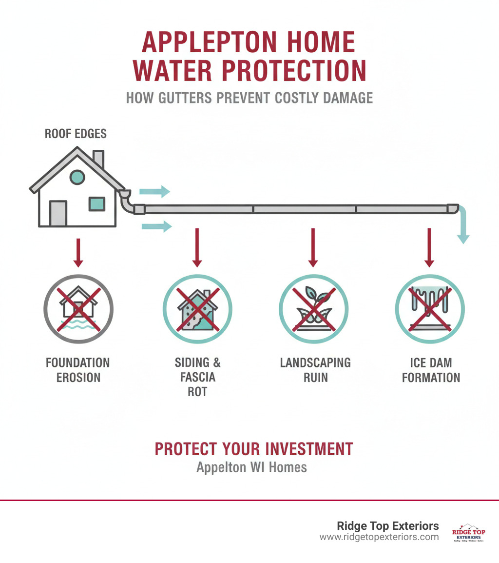 Infographic showing how gutters channel water away from foundation, siding, roof edges, and landscaping to prevent costly water damage in Appleton homes - Gutter installation Appleton WI infographic 