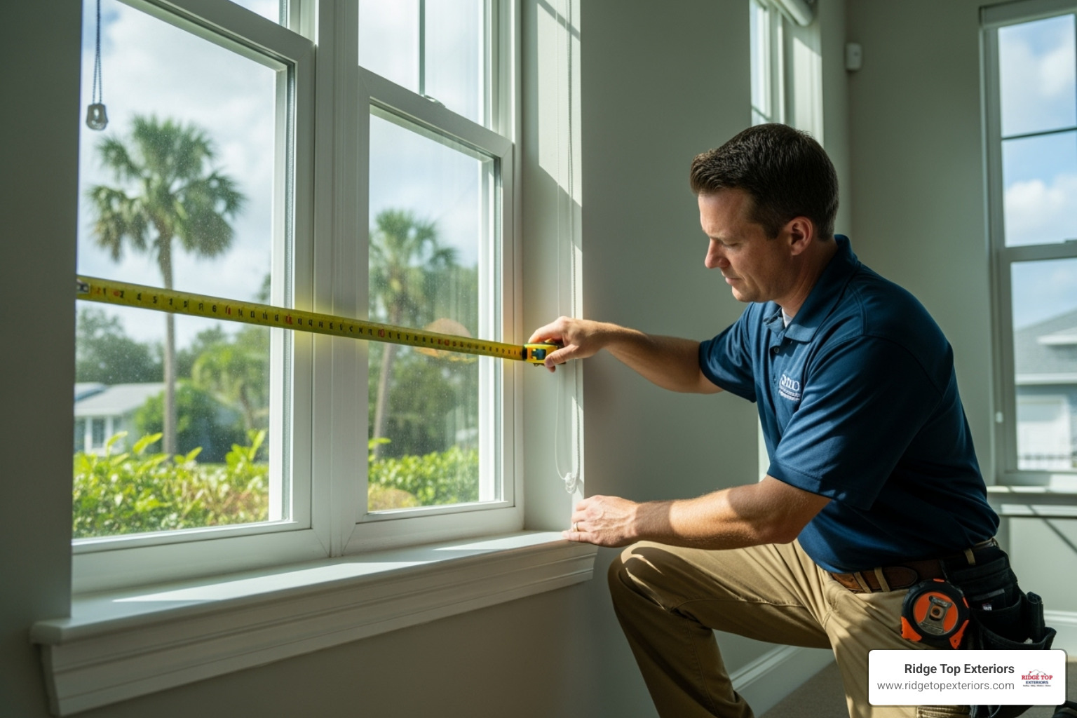 A professional installer measuring a window opening in a Clearwater home - replacement windows Clearwater FL