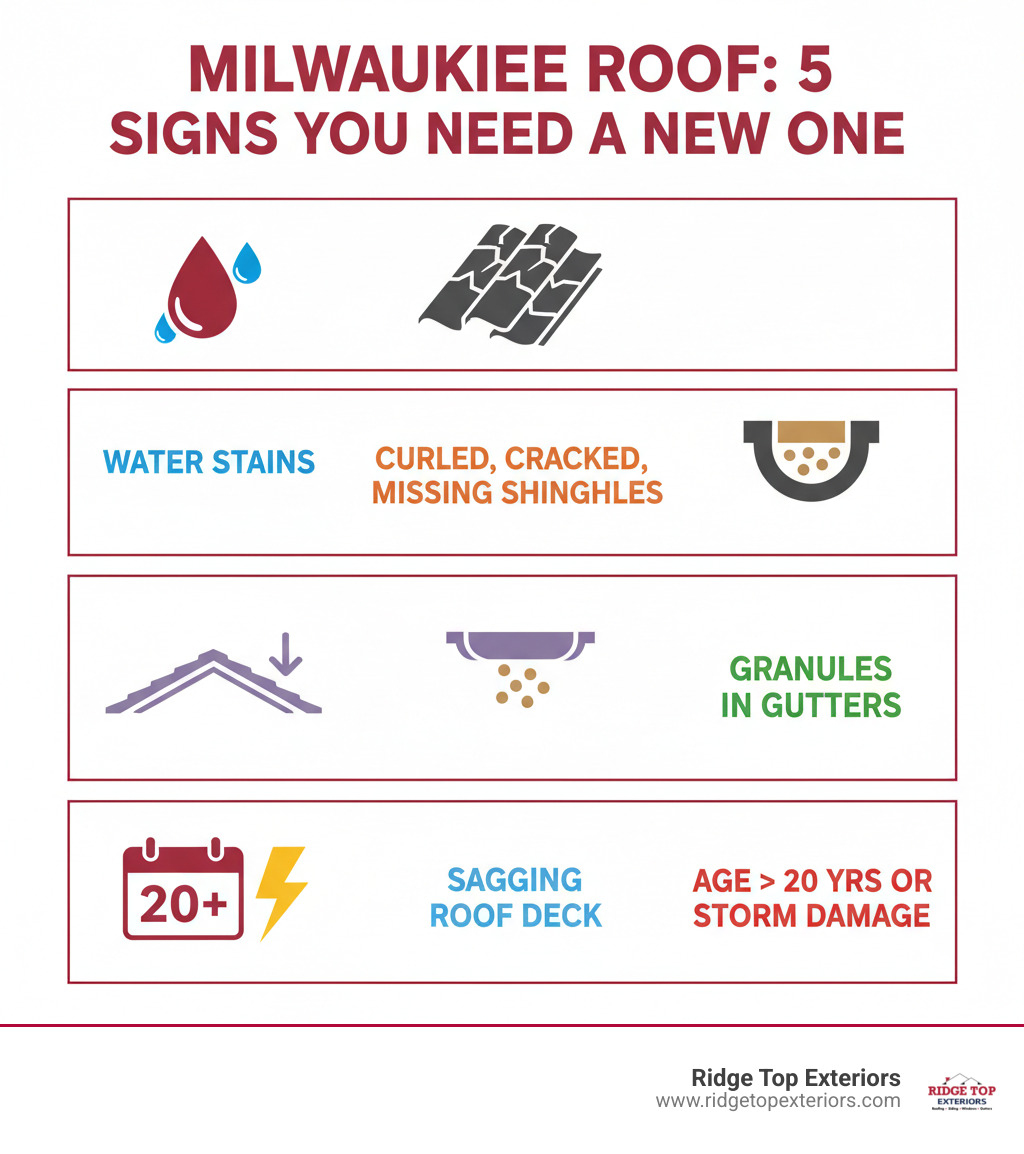 Infographic showing 5 key signs your Milwaukee roof needs replacement: 1) Water stains on ceilings or walls, 2) Curled, cracked, or missing shingles, 3) Granules accumulating in gutters, 4) Sagging or uneven roof deck, 5) Roof age over 20 years or recent storm damage - best roofing companies Milwaukee infographic 