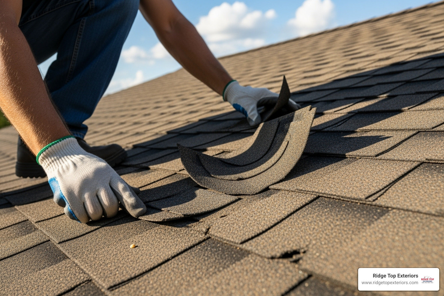 Roofer inspecting damaged asphalt shingles - best roofing companies Milwaukee
