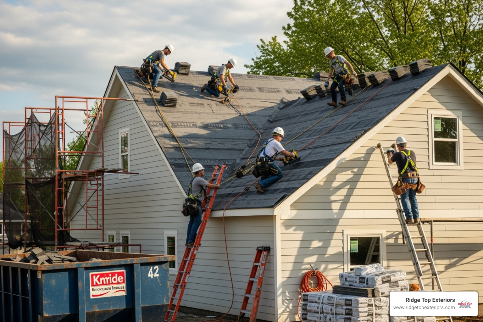 Clean job site with a roofing crew at work - best roofing companies Milwaukee