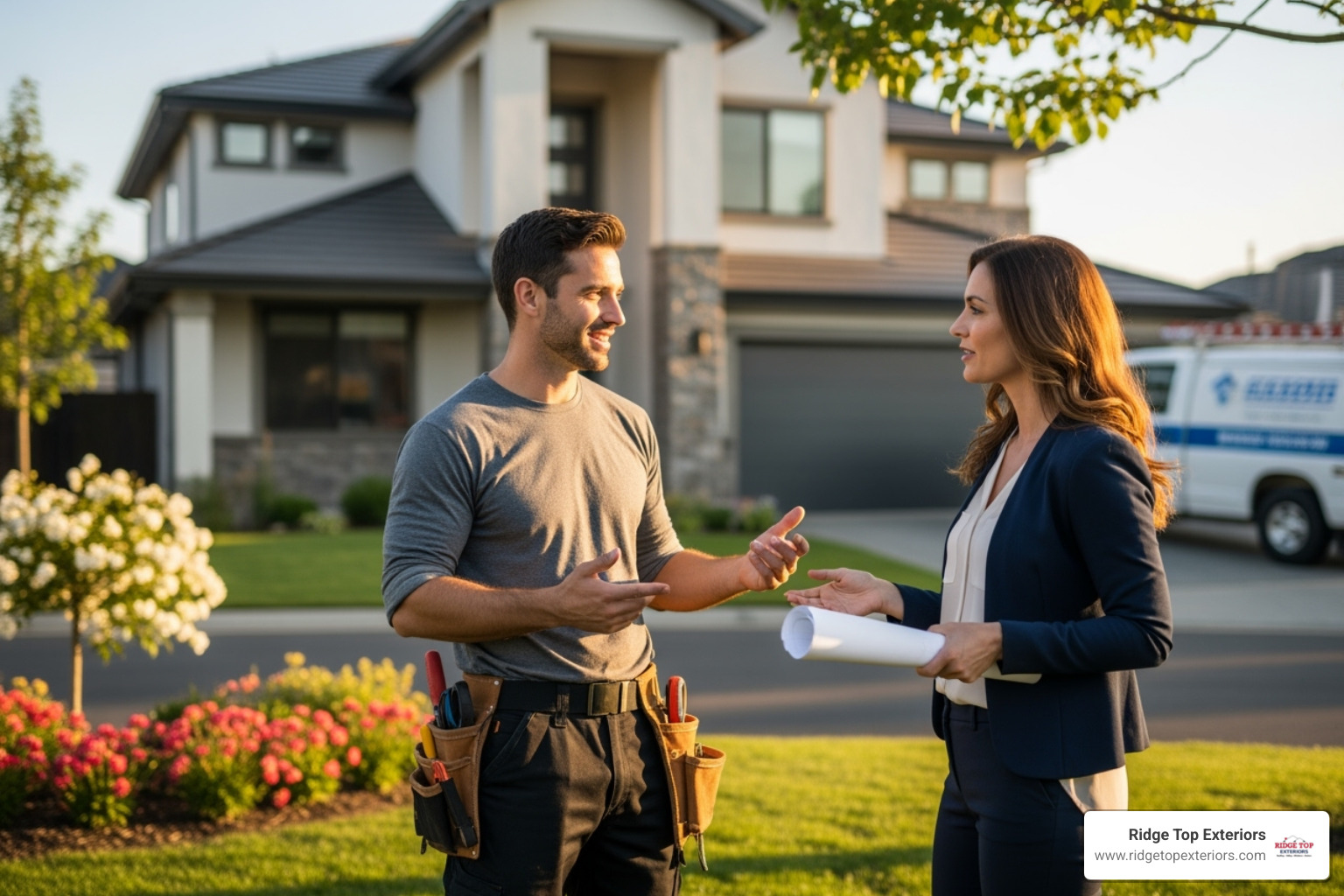 a friendly contractor talking with a homeowner - continuous gutter near me