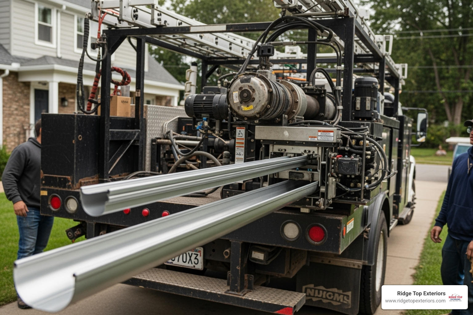 a gutter machine on a truck extruding a long piece of seamless gutter - continuous gutter near me