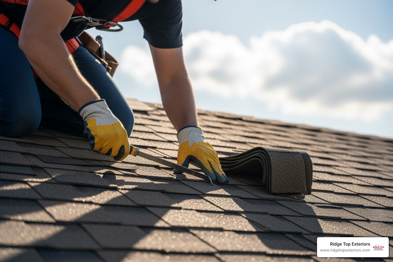 Professional roofer safely working on an asphalt shingle roof repair - Roof repair Appleton WI