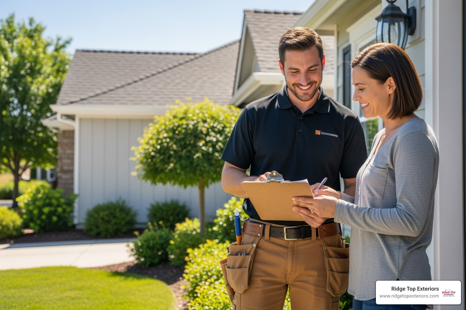 Friendly contractor discussing a project with a homeowner in front of their house - Roof repair Appleton WI