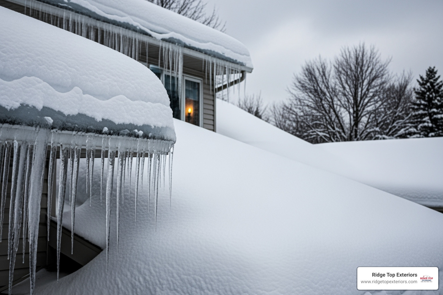 Roof with heavy snow and icicles - Roof repair Appleton WI