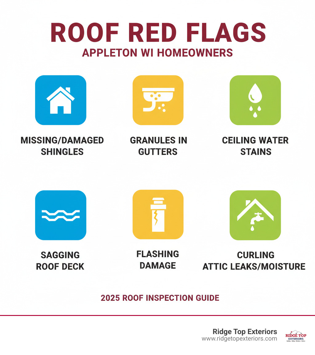 Infographic showing the 7 common signs of roof damage for Appleton homeowners: 1) Missing or damaged asphalt shingles, 2) Granules accumulating in gutters, 3) Water stains on interior ceilings, 4) Sagging or uneven roof deck, 5) Damaged or rusted flashing around chimneys and vents, 6) Visible leaks or moisture in the attic, 7) Curling or buckling shingles. Each sign is illustrated with a simple icon and brief description, using Ridge Top Exteriors' color scheme of white, burgundy #B20839, and navy #0D224B. - Roof repair Appleton WI infographic 