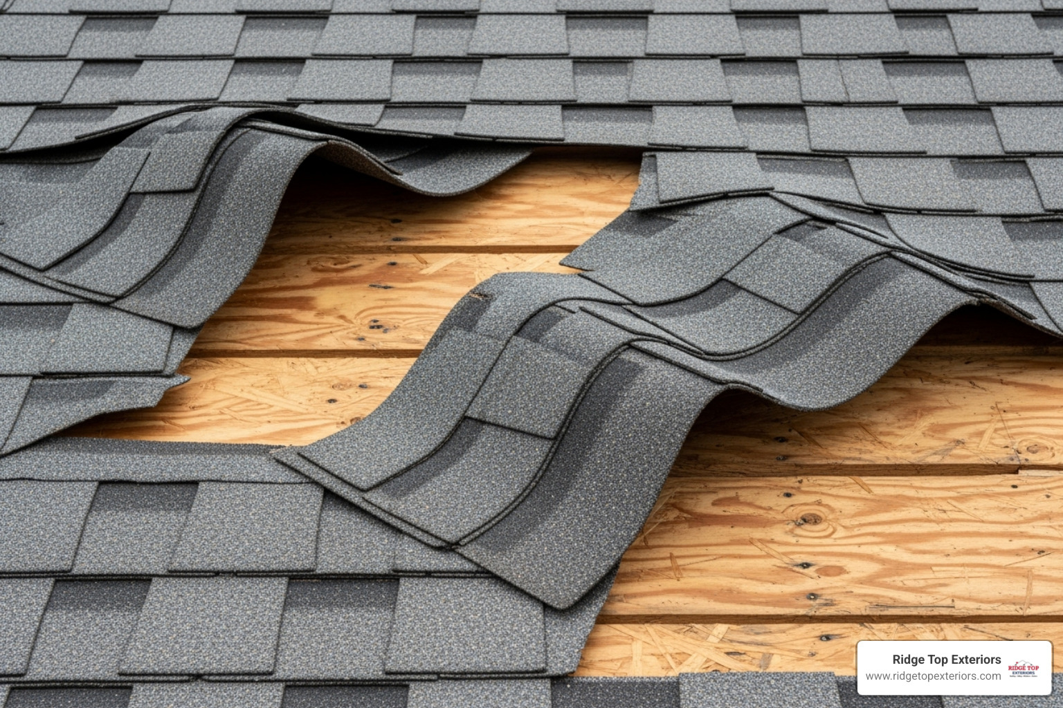 Curling and missing asphalt shingles on a roof - Roof repair Appleton WI