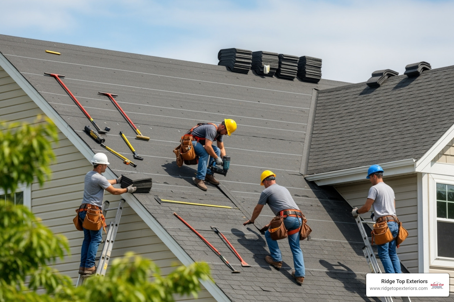 professional crew installing new asphalt shingles on a residential roof - best roofing contractor wisconsin