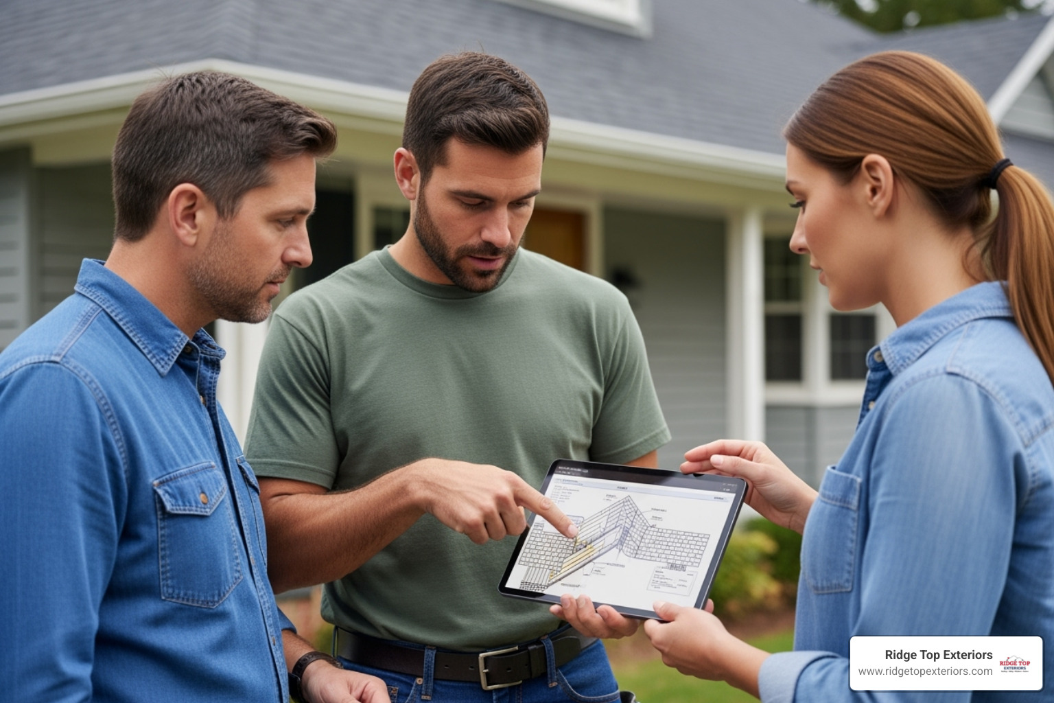A homeowner standing with a roofing contractor, discussing a repair plan and looking at a tablet with a diagram of a roof. - hail damage roofing companies