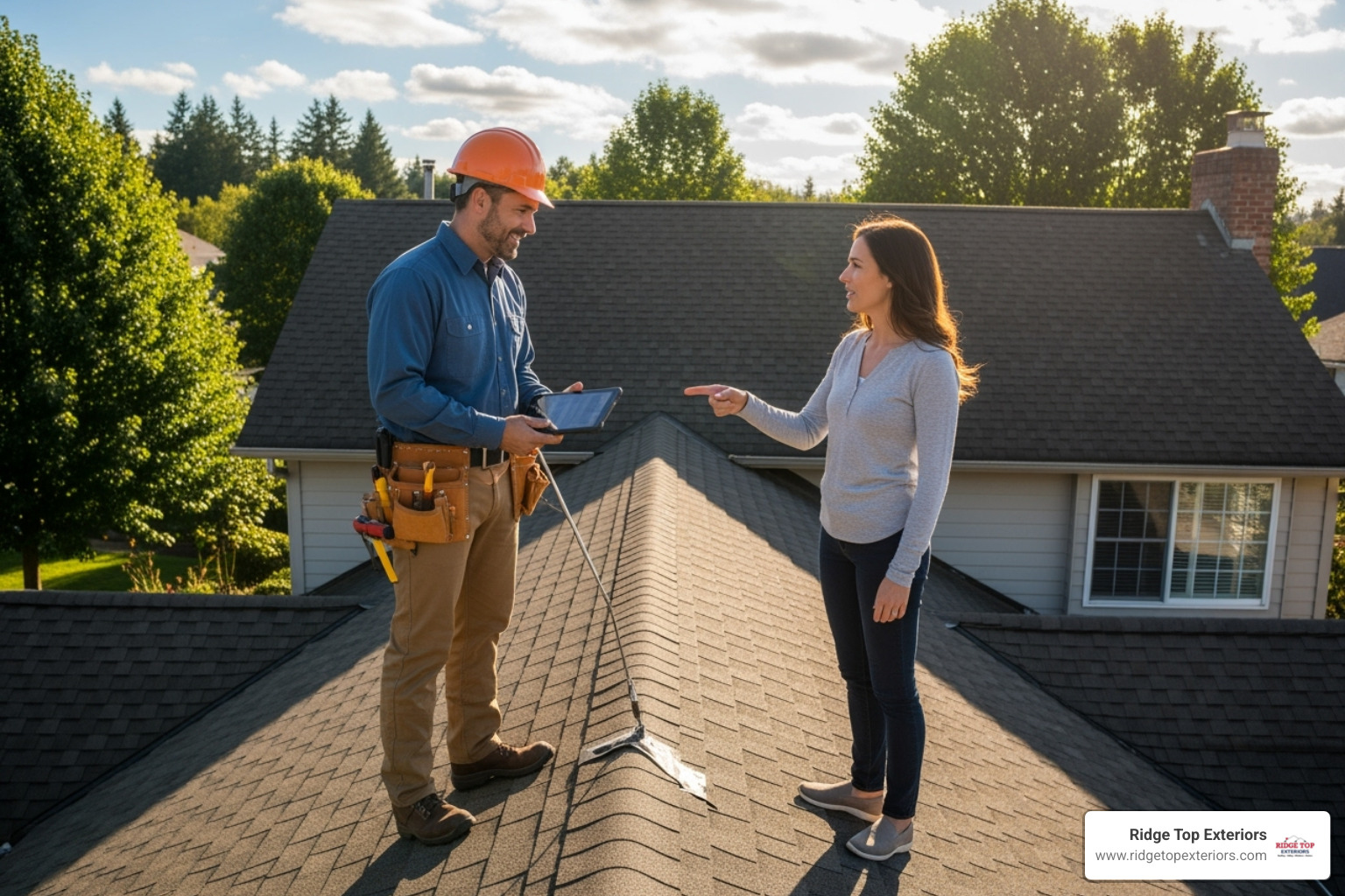 a friendly contractor performing a roof inspection with a homeowner - roofing contractors clearwater fl