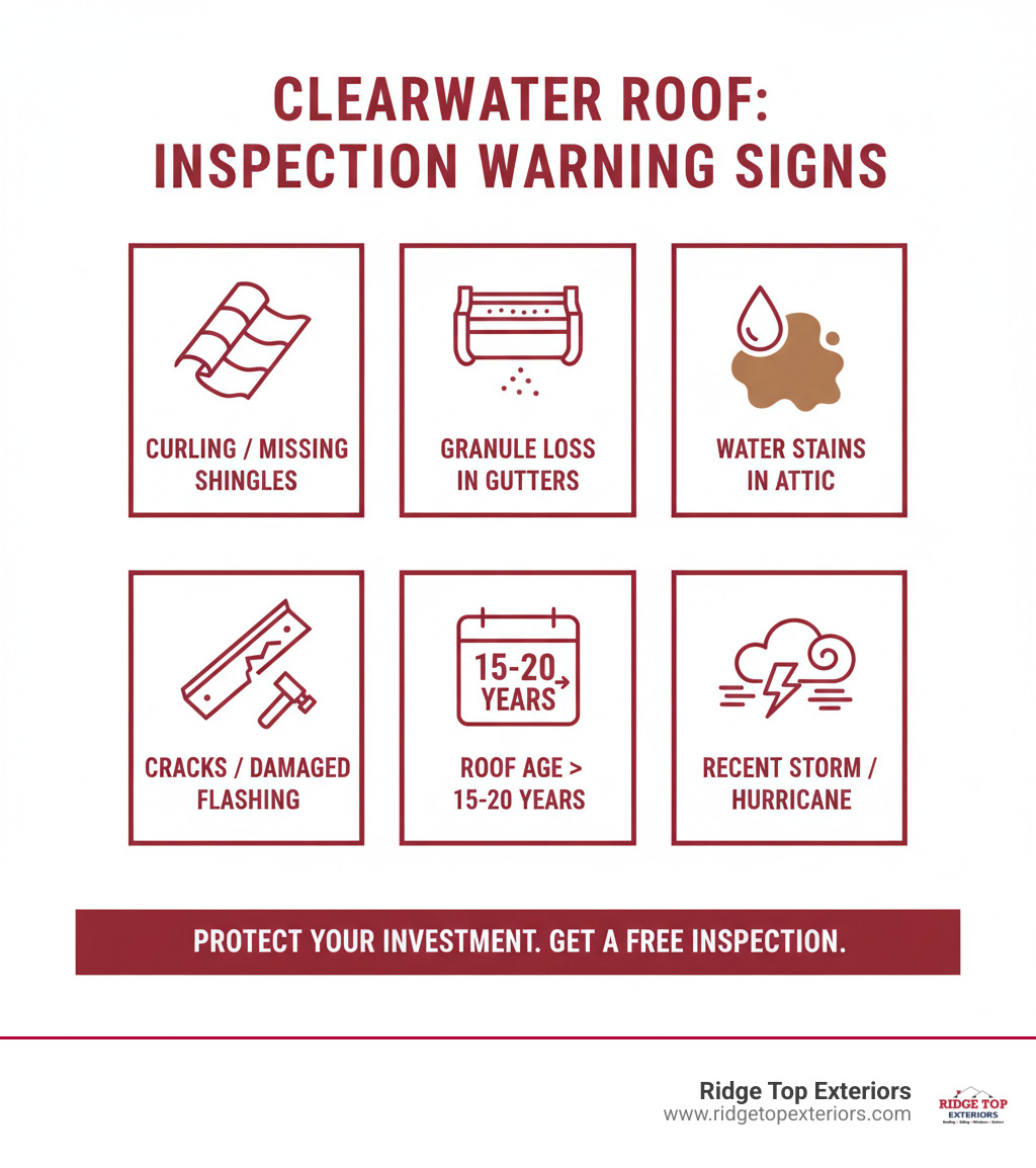 Infographic showing key warning signs your Clearwater roof needs inspection: curling or missing shingles, granule loss in gutters, water stains in your attic, algae or dark streaks on roof surface, visible cracks or damage to flashing, roof age over 15-20 years, and recent storm or hurricane activity in your area - roofing contractors clearwater fl infographic 
