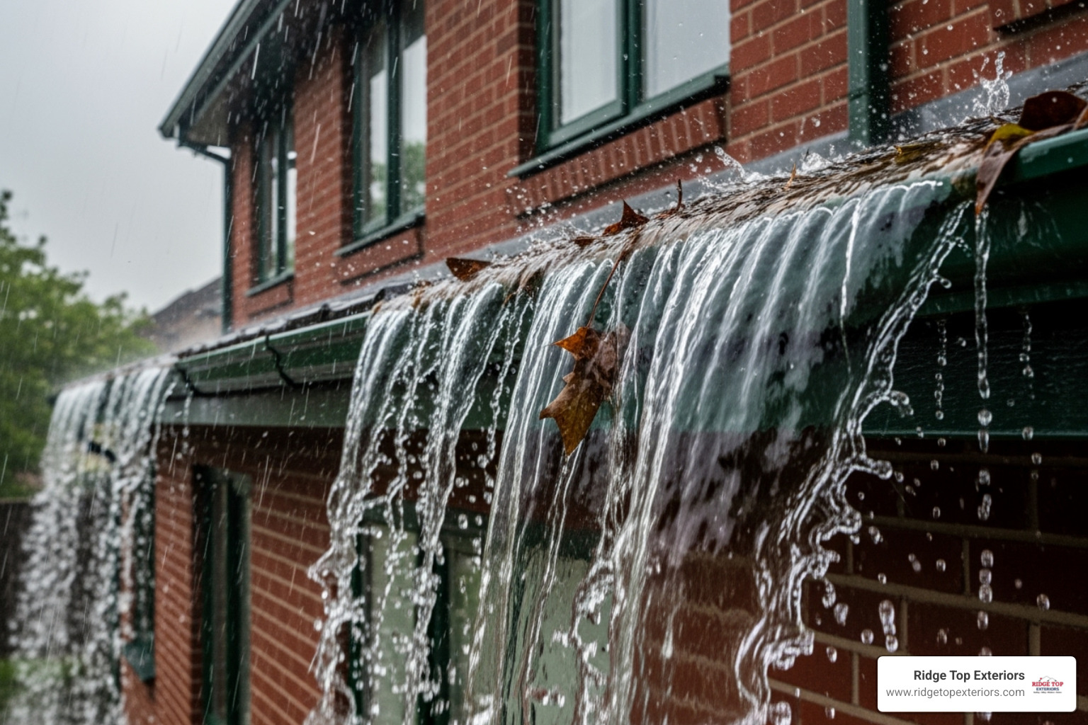 of a gutter overflowing with water during a rainstorm - gutter cleaning madison