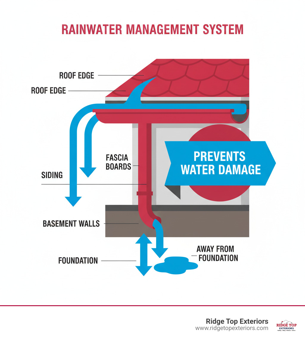 Infographic showing how a properly functioning gutter system channels rainwater from the roof through downspouts and away from the foundation, preventing water damage to the roof edge, siding, fascia boards, basement walls, and foundation, with arrows indicating water flow and labels for each protected component - gutter cleaning madison infographic 